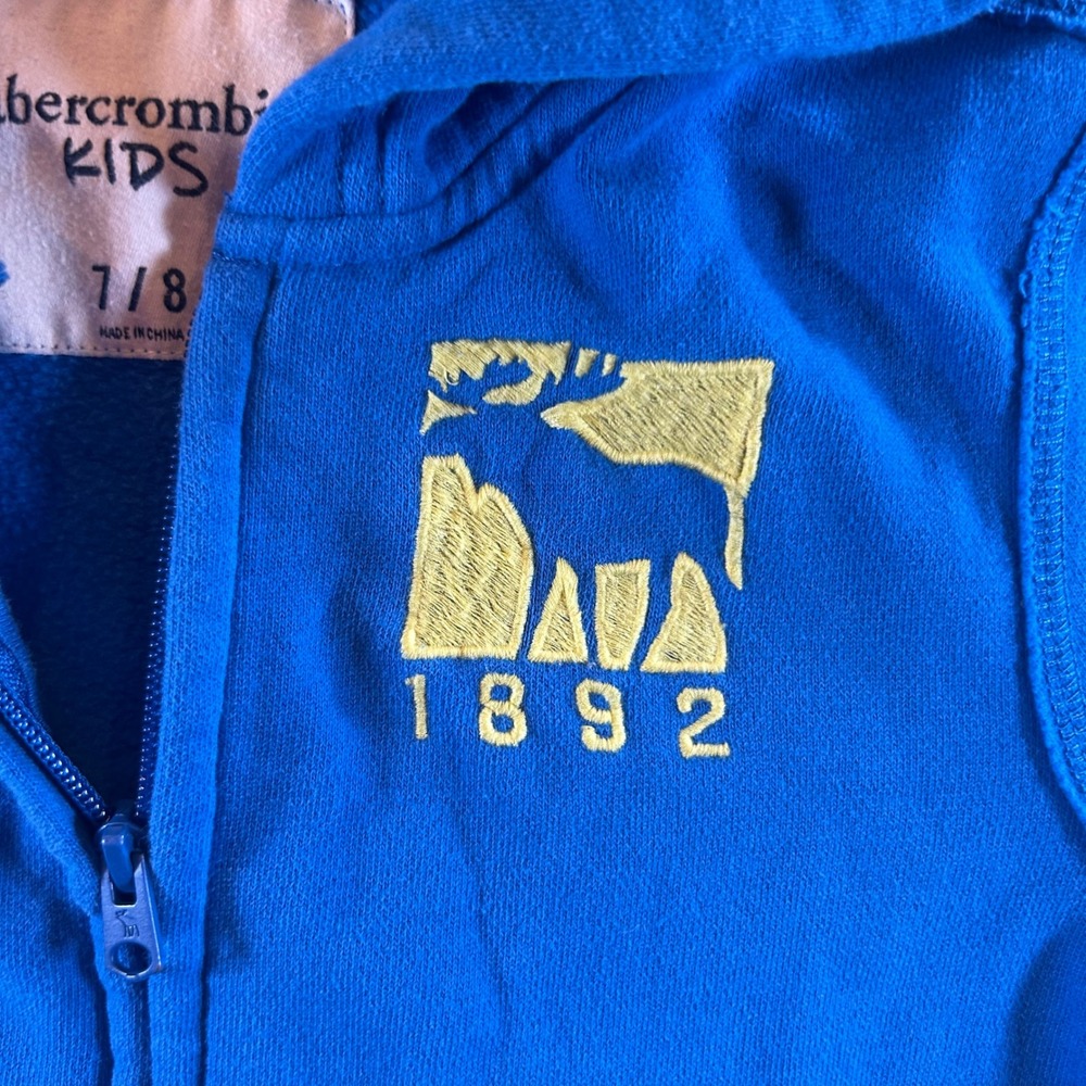 Abercrombie Kids Blue Full Zip Hoodie Moose Logo A&F Sleeve Graphic Size 7/8 - Picture 3 of 9